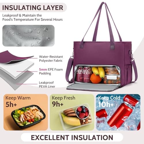 Lunch Tote Bag for Women with 15.6" Laptop Compartment, Work Tote Bag with Insulated Lunch Compartment, Large Casual Canvas Handbag Luncg Bags for Nurse, Teacher, Office, Travel, Beach, Purple - Thumbnail 4