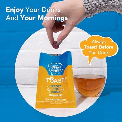 Toast! Before You Drink Gummies - Alcohol & Liver Support Supplement for Drinking & Better Morning - Recovery, Relief & Detox - L-Cysteine, Milk Thistle, Ginseng, Vitamins - Cherry Flavor - 10 Packs - Thumbnail 2