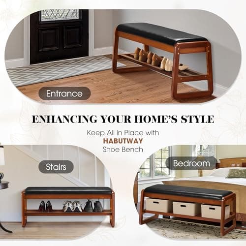 Solid Wood Shoe Rack with Flip-Top Storage, Entryway Shoe Bench with Cushion, 2 Tier Shoes Storage Organizer for Hallway, Living Room-(Black,39.37"-L) - Thumbnail 5