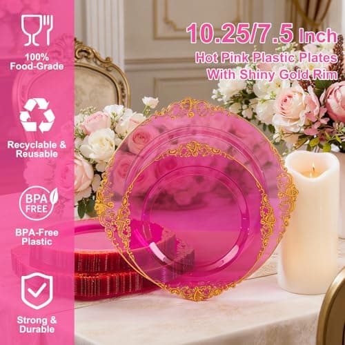 Joyido 102PCS Clear Hot Pink Plastic Plates - Pink Disposable Plate with Gold Rim - Hot Pink Party Plates Include 51PCS 7.5inch Dessert & 10.25inch Dinner Plate for Wedding Birthday Party Mother’s Day - Thumbnail 2