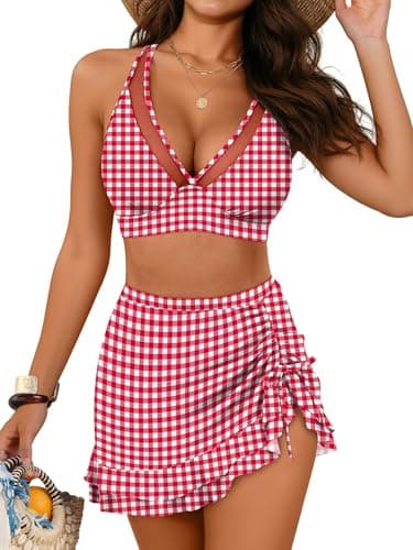 ANRABESS Womens Bikini Skirt Sets High Waisted Two Piece Swimsuits 2026 Summer Tummy Control Mesh Swim Bathing Suits Red Plaid Small - Image 1