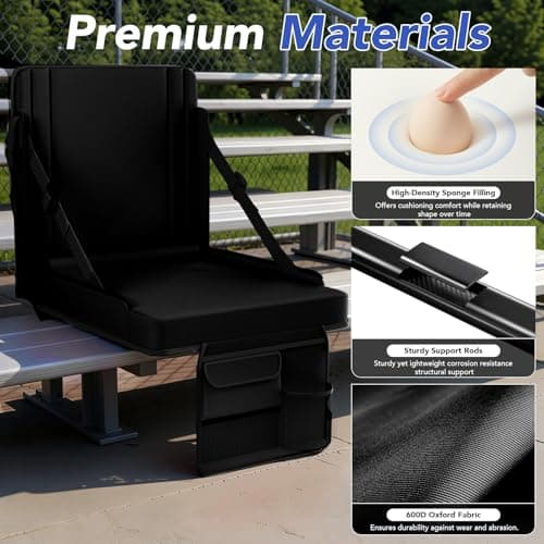 janiry Stadium Seats with Back Support 1PACK Adjustable Bleacher Chairs with Back and Cushion Bleacher Seat with Cup Holder, Carry Handle & Shoulder Strap for Outdoor Sports Events, Picnics, Black - Thumbnail 5