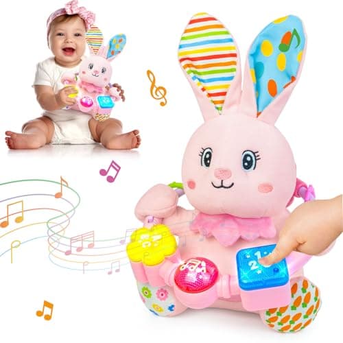 Ryotagift Baby Bilingual Musical Rabbit Stuffed Animals Toys,Infant Early Learning Toy with Light-Up Music & Crinkle,Tummy Time Toys for 0 3 6 9 12+ Months for Baby Boy Girl Easter Gift,Pink - Image 1