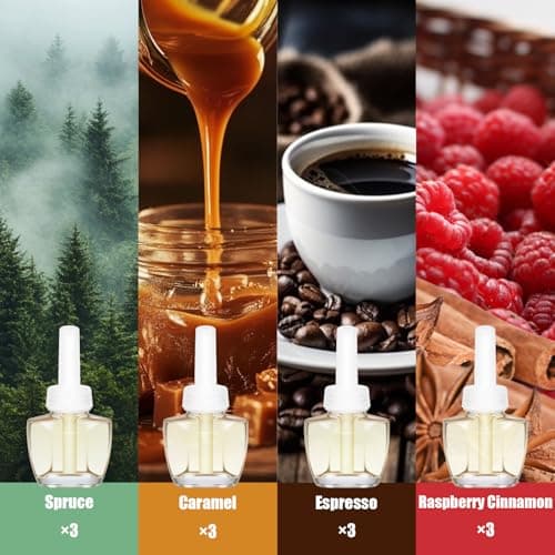 Plug In Refills Air Freshener, Spruce, Caramel, Espresso, Raspberry Cinnamon, for Home and Bathroom 7.92 Fl Oz, 12 Count, Compatible with Air Wick & Glade Not Include Glade Plus - Thumbnail 3