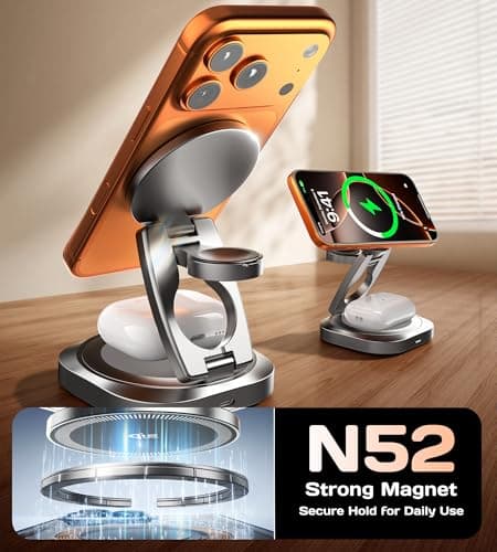 Qi2.2 25W 3-in-1 Wireless Charger for iPhone 17/16 Series, Foldable Wireless Charging Station Compatible with MagSafe, 360° Swivel Zinc Alloy Base for Apple Watch & AirPods (45W Adapter Included) - Thumbnail 4