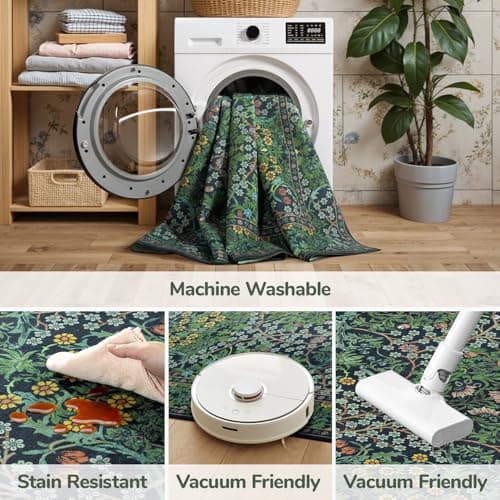 Lessymo Floral Living Room Rug 8x10 Area Rugs, Vintage Forest Washable Rugs for Dining Room Bedroom, Low Pile Non Slip Rubber Green Mat, Distressed Retro Indoor Boho Carpet, Forest Green - Thumbnail 6