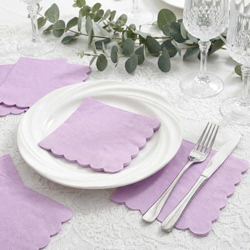 NatNarr 120 Pcs Purple Napkins,Scalloped Easter Paper Napkins Disposable Lavender Cocktail Napkin Lilac Beverage Dessert Napkin for Birthday Wedding Bridal Baby Shower, 5 x 5 Inch - Thumbnail 5