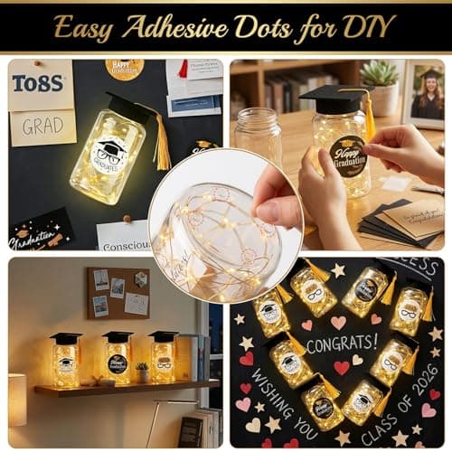 9 Pcs Graduation Centerpieces for Tables with LED Lights, Class of 2026 Graduation Tables Decorations, Mason Jar Style Table Decor with String Lights, Caps, Notes Cards, Stickers & Adhesive Spots - Thumbnail 3
