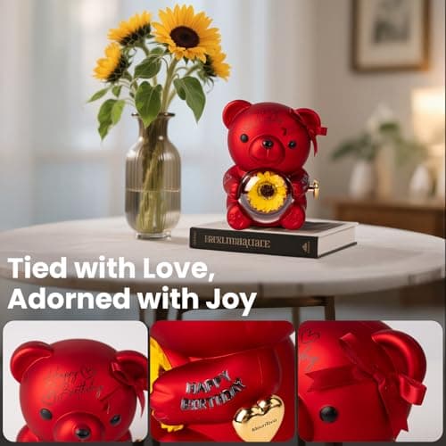 mountova Birthday Gifts for Women, Lucky Sunflower Bear with Four-Leaf Clover Necklace Gift for Girlfriend Wife, Happy Birthday Gift for Daughter Sister Mom Grandma, Surprise Jewelry Box, Red - Thumbnail 4