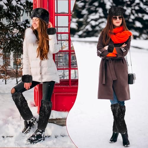 QZUnique Fuzzy Fur Leg Warmers Set - 3 Pcs Women Winter Furry Boot Cuffs Faux Fur Headband Wrist Bands Cover Long Leg Warmers - Thumbnail 6