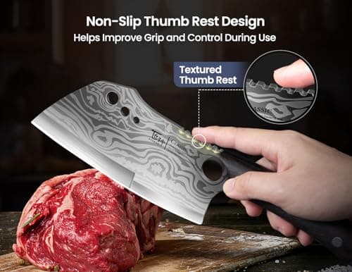 SYOKAMI Meat Cleaver Chef Knife with Sheath, 7.7 Inch Butcher Knife with Herb Stripper, Chopping Knife Heavy Duty Bone Cutting, Damascus Pattern Full Tang Wood Handle, Birthday Gift for Men - Thumbnail 6