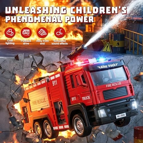 ADTHLIER 2 Pack Die-Cast Fire Truck 2 Pack, 1:50,Smoke Exhaust Water Spray Truck & Aerial Ladder Truck, with Lights & Sounds, for Kids 3-9 - Thumbnail 4