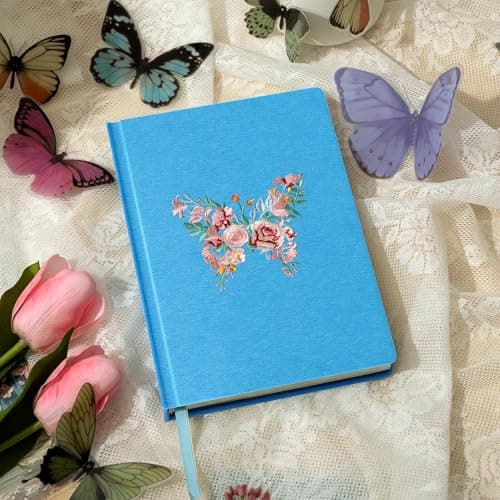 MINICAGIE Embroidered Fabric Journal for Women A5 Hardcover College Ruled Notebook with Gift Box Butterfly Floral Journaling Notebooks for Writing, 5.7 x 8.3 In, Blue - Thumbnail 3