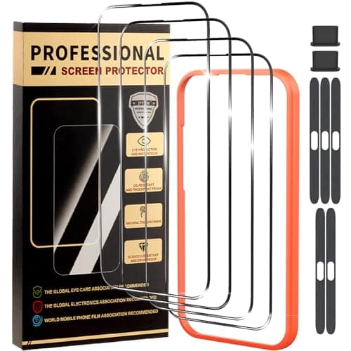 jpyyw 4 Pack for iPhone 16 Plus Screen Protector HD Tempered Glass Film Optional, with Install Frame, 9H+ Hardness Shatterproof Scratch Resistant Durable