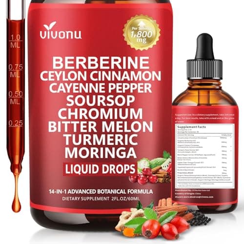 14-in-1 Berberine with Ceylon Cinnamon Supplement Liquid Drops, 1800mg + 30:1 Liposomal Tech with Cayenne Pepper, Soursop, Chromium, Bitter Melon, Turmeric, Moringa, Gymnema, Glucomannan, GLP Support - Image 1