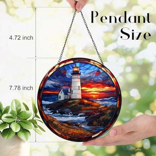 Zizzie Coastal Lighthouse in Autumn Suncatcher -7.9 in Stained Glass Window Hanging Sun Catcher Garden Decor - Thumbnail 3