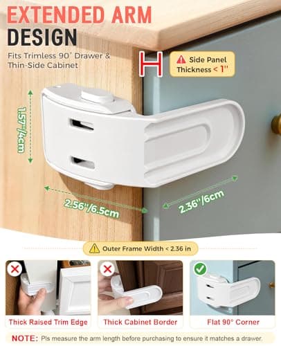 Maveek Baby Safety Drawer Lock - 4 Pcs Upgraded Baby Proofing Locks, One Hand Operation Infant Latches For Corner Drawers, Kitchen Cabinets, No Drill Child Proofing Kit (White) - Thumbnail 4