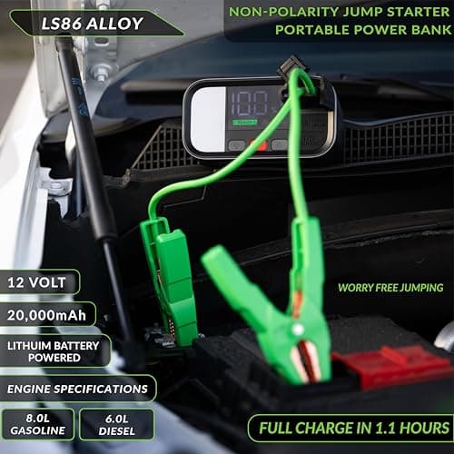 Leaper 12V Jump Starter, Black Aluminum Casing, 2000A Peak Current, 20000mAh Capacity, 3'' Digital Screen, Non-Polarized Green Clamps. Protective Carrying Case and a UL PD65W Premium Charger - Thumbnail 3