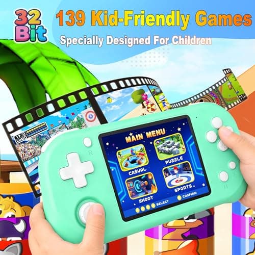 Beijue Handheld Game for Kids with 3.5'' IPS Screen 139 Preloaded 32 Bit Electronic Video Games, Portable Rechargeable Gaming Player Toy for Boys Girls Seniors Gift (Parrot Green) - Thumbnail 2
