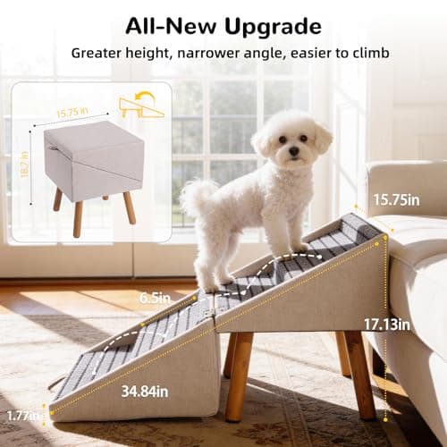 17.13" H Dog Stairs for Small Dogs, 2-in-1 Pet Steps & Ottoman - Foldable Dog Stairs for Couch, Non-Slip Wooden Pet Stairs for Puppy Senior Injured Dogs - Thumbnail 3