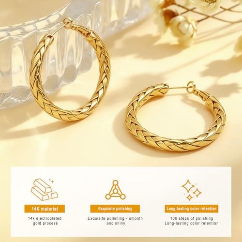 Gold Hoop Earrings, 14K Gold Plated Hoop Earrings for Women, Women's Hoop Earrings 30mm Classic Woven Design Lightweight Hypoallergenic Fashion Jewelry, Ideal Gift for Birthday Valentine Mother's Day - Thumbnail 5