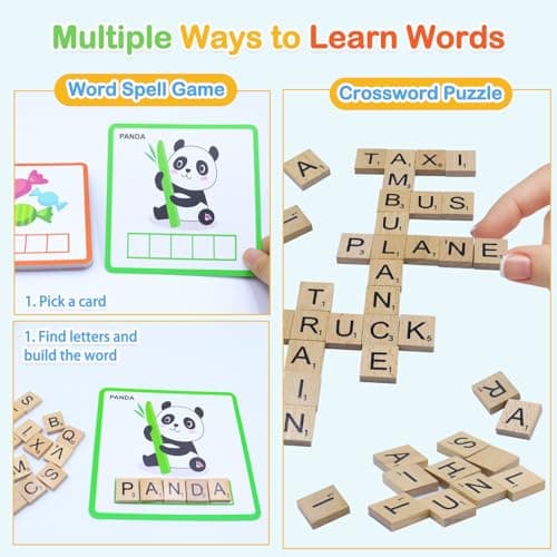 Humerry Spelling Game for Kids Ages 3-8, Word Building & Sight Word Games, Phonics Learning Toy with 100 Wooden Letter Tiles & 30 Double-Sided Flashcards, Preschool Kindergarten Early Reading Game - Thumbnail 4