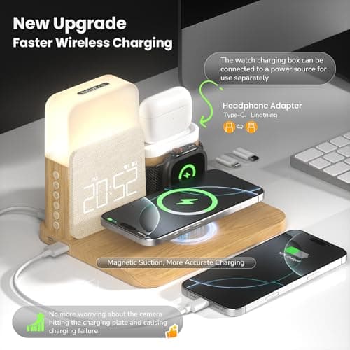Alarm Clock Charging Station for Bedrooms, 7 in 1 Wireless Charging Station, Magnetic Charger with Night Light Bedside Clock for iPhone 17 16 15 14 13 12 Pro Max, Apple Watch, AirPods (Wood) - Thumbnail 2