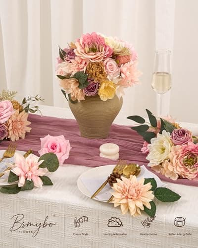 BSMYBO Artificial Flowers Combo Light Pink Silk Flowers Mix Fake Rose Dahlia with Stems for Wedding Bridal Bouquets Baby Shower Cake Floral Arrangement Table Centerpieces Home Decorations - Thumbnail 6