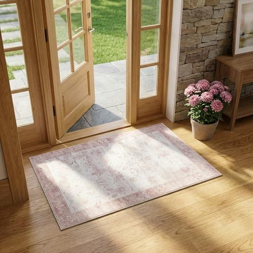 Cnythlis Washable Distressed Area Rug 2'x3' - Non-Slip Silicone Backing Door Mat for Entryway Bathroom - 0.26" Low Pile Water Resistant Faux Wool Rug for Vintage Farmhouse Accent, Pink & White - Image 1