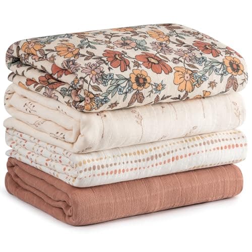 CIVARUA KIDS Muslin Swaddle Blankets for Newborn, 4 Pack Cotton Baby Blanket, Large 31.5 x 43.3 inch Breathable Soft Receiving Blanket, Essentials Swaddle Wrap Burping Clothes, Vintage Flowers - Image 1