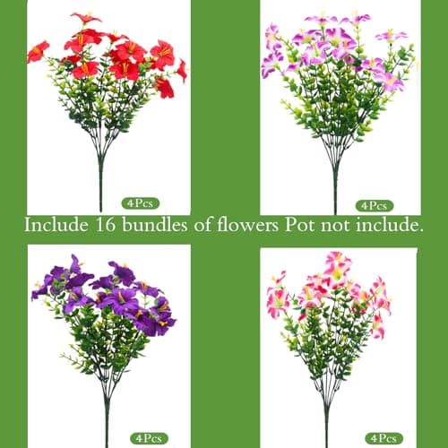 UJROQI Artificial Flowers for Outdoors Fake Plants Outside, 16 Bundles Silk Morning Glory with Eucalyptus, UV Resistant Realistic Faux Flowers for Planters Porch Patio Garden Balcony Decor (4 Color) - Thumbnail 2