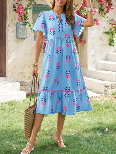 Wenrine Womens Summer Floral Midi Dress Casual Short Sleeve V Neck Flowy Ruffle Boho Beach Sundress with Pockets Light Blue - Thumbnail 2