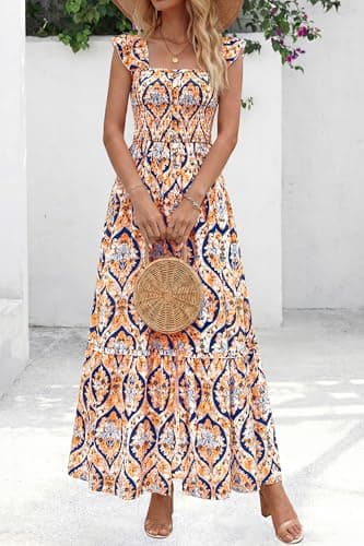 dowerme Womens Summer Maxi Dresses 2026 Casual Ruffle Sleeve Button Smocked Floral Slit Boho Dress Spring Beach Sundress(Blue Geometry,Small) - Thumbnail 2