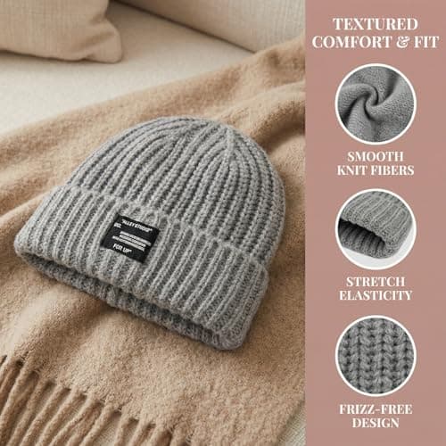 BSHITWO Knit Beanie for Women, Winter Hat Anti Frizz Stretch Warm Cap for Ski Daily Gifts, Gray - Thumbnail 5