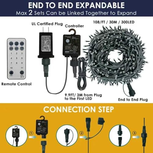 Decute 300LED Christmas Tree Lights Outdoor Indoor String Lights 108FT Extendable, 11 Modes 4 Colors Changing Waterproof Twinkle Fairy Lights Party Decor with Timer Remote(Warm White & 3 Multicolors) - Thumbnail 5