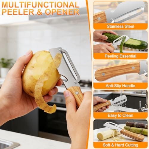 Multi-Functional Vegetable Peeler with Wooden Handle and Bottle Opener,Ultra-Sharp Stainless Steel Blade Kitchen Tool for Fruit Apple Potato Pumpkin Papaya - Thumbnail 3