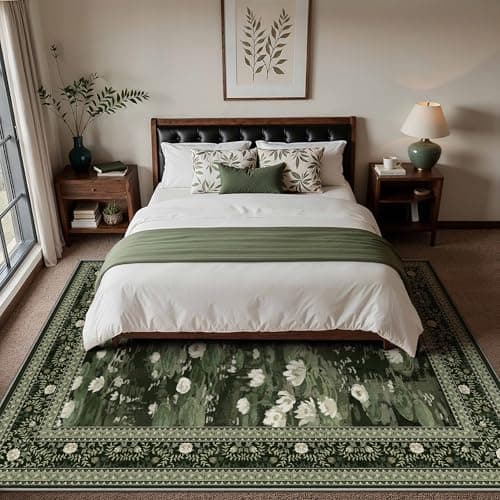 PureCozy Washable 8x10 Area Rug for Living Room Green Floral Indoor Large Carpet Non Slip Low Pile Vintage Impressionist Rugs for Bedroom Dining Room Nursery Playroom Farmhouse Decor - Thumbnail 3