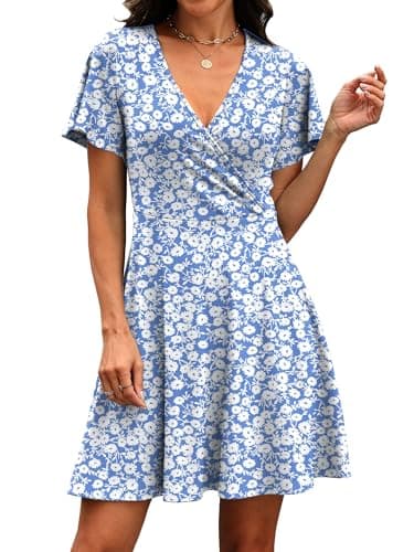 RUMIA Womens Summer Dresses 2026 Wrap V Neck A-line Casual Sundresses Holiday Party Cocktail Dress Floral Blue M - Thumbnail 3
