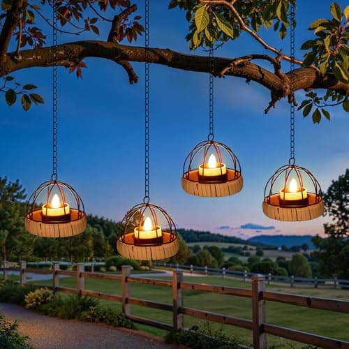 KOOPER Hanging Solar Lanterns Outdoor Waterproof, 4 Pack Flickering Solar Powered Tea Lights, Rust Iron Ball Candle Holder Hanging Solar Lights for Backyard Garden Patio Yard Fence Tree Decoration - Image 1