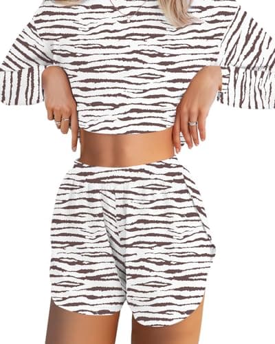 JUSTFASHIONNOW Womens Long Sleeve Pajama Sets Cute Lounge Set 2 Piece Crew Neck Print Sleepwear Comfy Split Short Pajama Set Soft Fall Outfits Loungewear Cozy Pj sets (Brown, Large) - Image 1