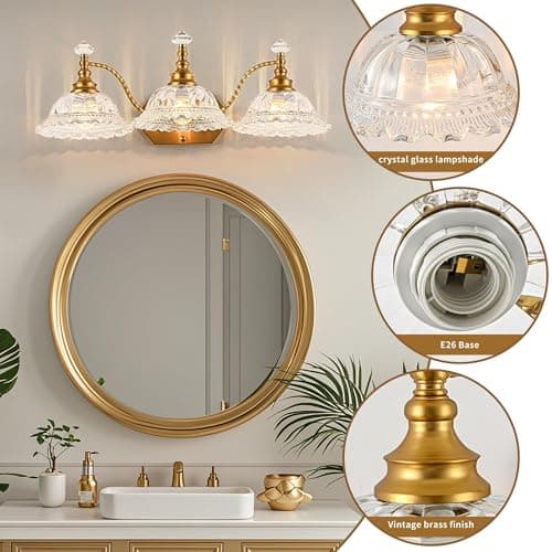 PUAMUBUA Vintage Bathroom Vanity Light Fixtures, 3-Light Brass Light Fixtures Over Mirror with Crystal Glass Flower Shade, Mid Century Farmhouse Wall Mount Lighting for Living Room, Kitchen - Thumbnail 4
