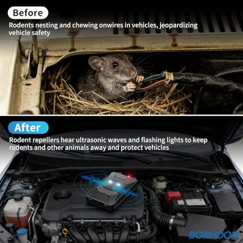 BORHOOD Ultrasonic Rodent Repellent, 2 Pack Plug-in Mouse Rat Pest Bat Squirrels Repellent for Car with Battery Powered Under Hood, Keep Mice Out of Cars Engines, Indoor, Garage, Storage Room-Black - Thumbnail 4