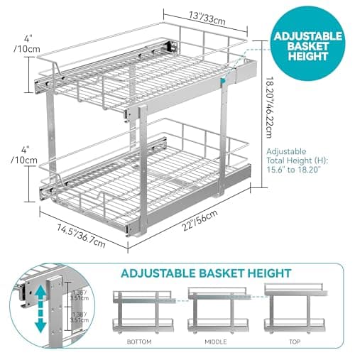 2 Tier Pull Out Cabinet Organizer 14" W X 22" D, Slide Out Drawers For Kitchen Cabinets, Pull Out Drawers For Cabinets Capacity Heavy Duty Caddy, Cabinet Pullout Shelves Chrome-Plated,Bathroom Pantry - Thumbnail 2