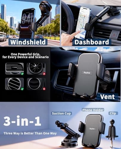 [2026 True Military-Grade] Car Phone Holder RayLink[Upgraded Strongest Suction & Clip] Cell Phone Mount for Dashboard Windshield Vent Wall,Truck Cradle Stand for iPhone 17 Pro Max 16 15 14 13 Android - Thumbnail 5