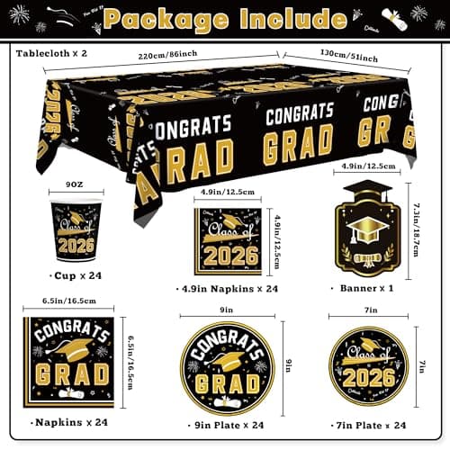 OHOME Graduation Decorations 2026 - Graduation Decorations Class of 2026 - Serve 24 - Black Plates Tablecloth Napkins Cups Banner - Graduation Party Favors Supplies - Thumbnail 2