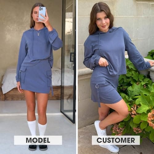 EXLURA Women Two Piece Set Cotton Sweatsuit Travel Airport Outfits 2026 Tracksuit Hooded Sweatshirt Cargo Skort Skirt Pockets - Thumbnail 3