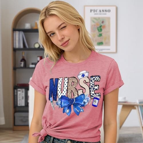 Nurse Shirt for Women Funny Blue Bow Graphic Nursing Tshirt Nurse Appreciation Gift Tops - Thumbnail 3
