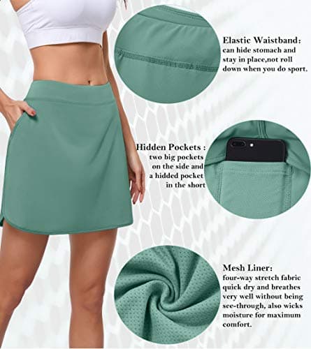 CHICHO Women's Athletic Skirt Tennis Skort with Pockets Golf Skirts Sun Protection Workout Running Sport Skorts (Mint Green White, L) - Thumbnail 4