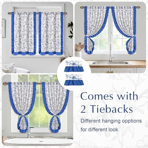 Yinhua Floral Kitchen Curtains 36 Inch with Ruffle Tieback, Farmhouse Vintage Linen Kitchen Window Curtains Over Sink, Light Filtering Rod Pocket Small Cafe Curtain, 26" W x 36" L, 2 Panels, Blue - Thumbnail 5