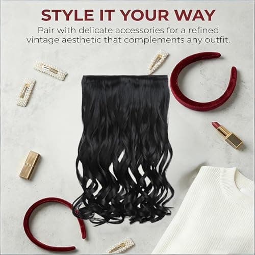 5 Clip in Hair Extensions Synthetic Thick Curly Wavy Hairpieces for Women 18 Inch Natural Looking 3/4 Full Head Clip on Hair Extensions Natural Black - Thumbnail 3